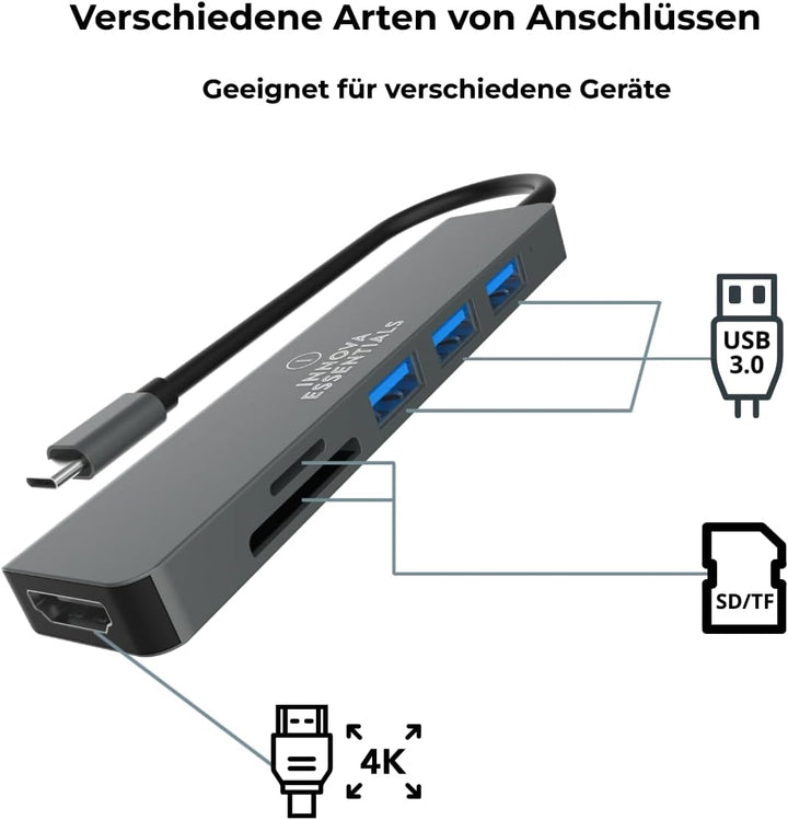 Innova 6-in-1 USB-C Hub mit 4K@30Hz HDMI, 85W Power Delivery, USB-A/C-3.0-Ports mit 5 Gbps und SD/mi