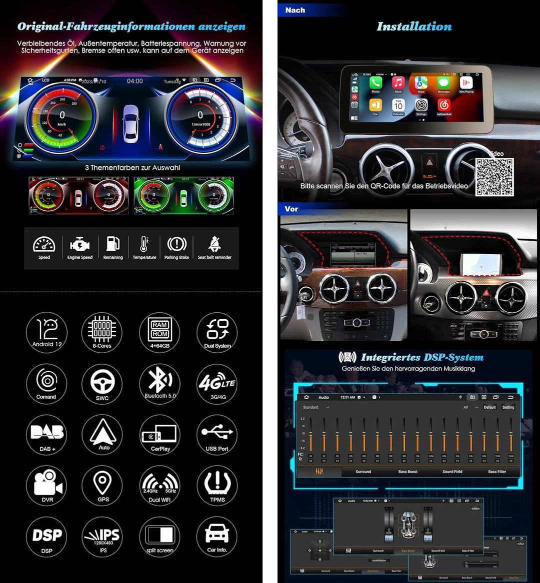 Erisin 8-Kern 4GB+64GB Android 12 Autoradio Bluetooth GPS Navigation für Mercedes Benz GLK-Klasse X2