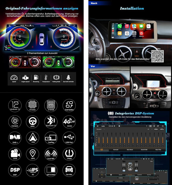 Erisin 8-Kern 4GB+64GB Android 12 Autoradio Bluetooth GPS Navigation für Mercedes Benz GLK-Klasse X2