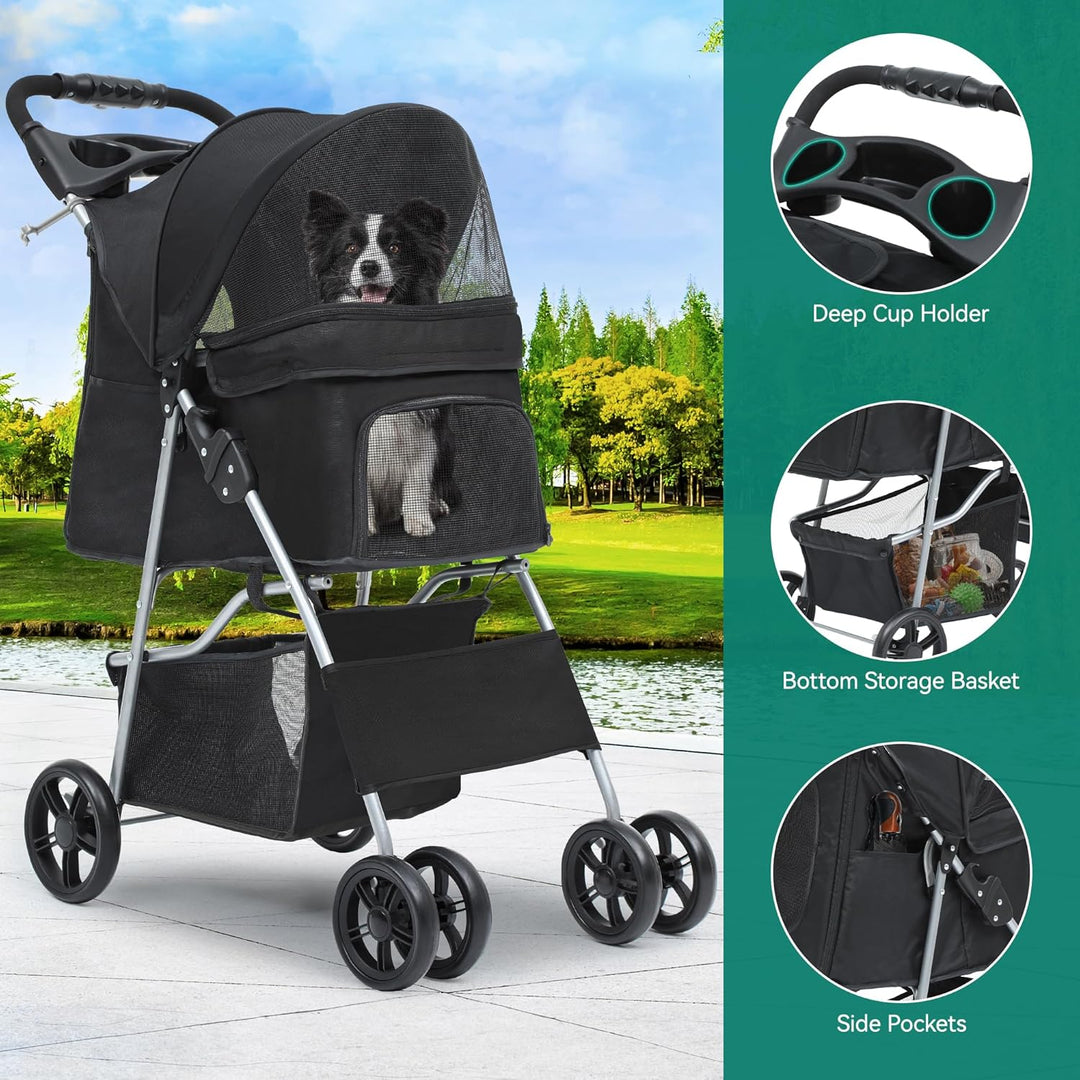 YITAHOME Hundewagen Haustiere Buggy bis 15kg, Hundebuggy mit Netzfenstern & Getränkehalter & Ablagek
