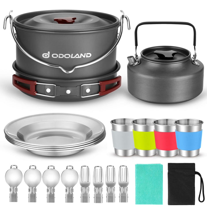 Odoland Camping Geschirr Set, Kochgeschirr für Outdoor Kochen für Camping, Rucksacktourismus, Kochen