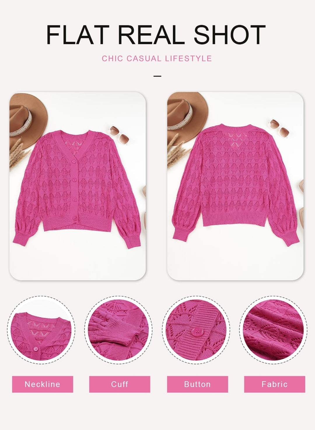 Dokotoo Damen Strickjacke V-Ausschnitt Kurzer Cardigan Elegant Langarm Leichter Strickpullover mit K