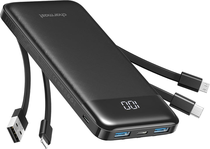 Charmast Externer Akku 10000 mAh mit 4 integrierten Kabeln tragbarer Akku USB C Slim Power Bank mit