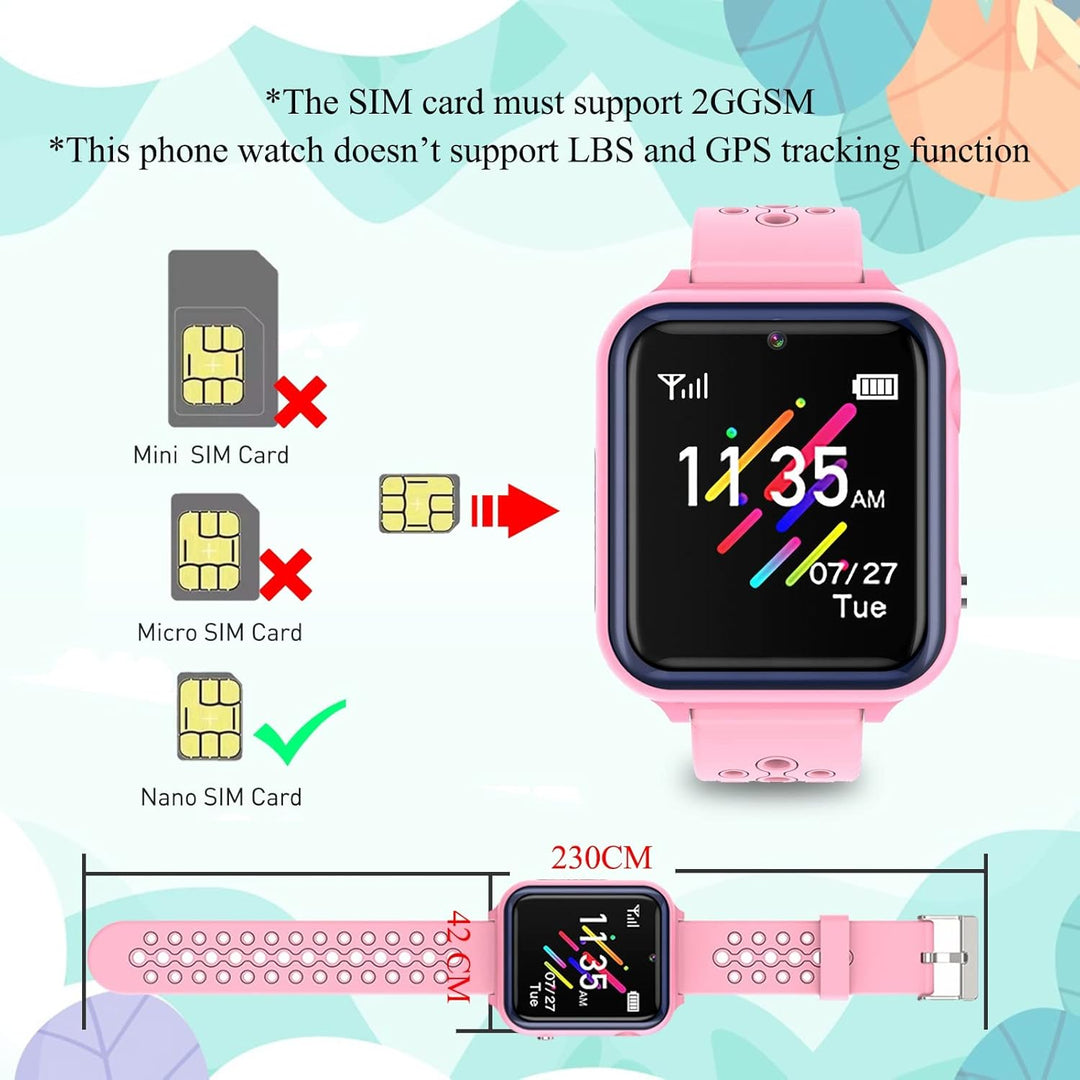 Smartwatch Kinder, Spiele, Telefon für Mädchen und Jungen (Pink) Rose 1,44 Zoll, Rose 1,44 Zoll