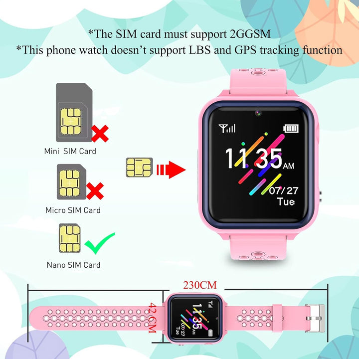 Smartwatch Kinder, Spiele, Telefon für Mädchen und Jungen (Pink) Rose 1,44 Zoll, Rose 1,44 Zoll