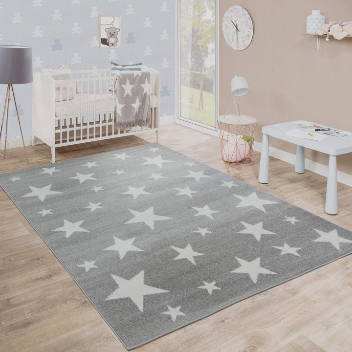 Paco Home Moderner Kurzflor Kinderteppich Sternendesign Kinderzimmer Star Muster Grau Weiss, Grösse: