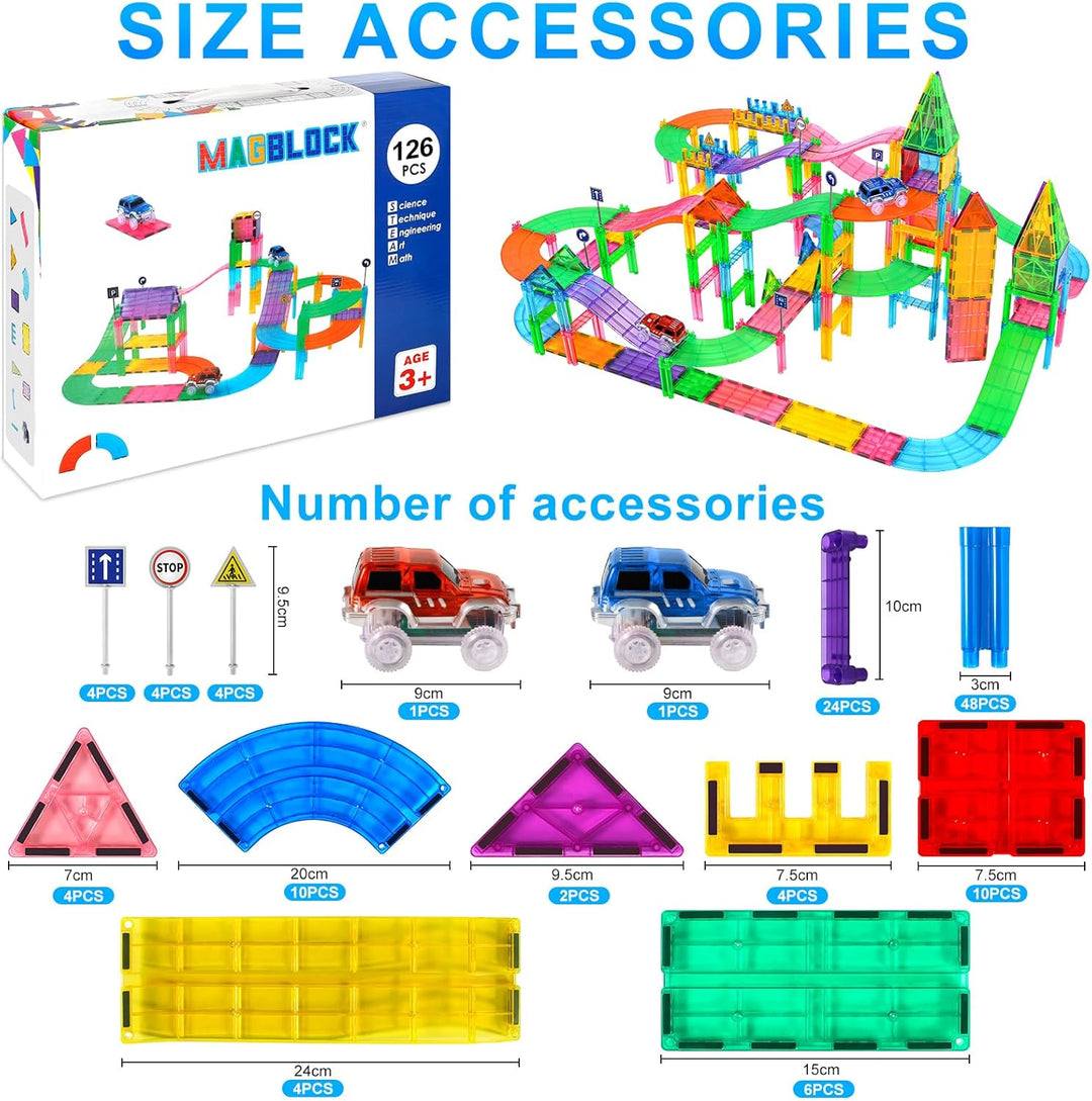 126Pcs Magnetisches Baustein Spielzeug für Bahnrennen, Magnetisches Bauspielzeug mit LED Rennwagen,