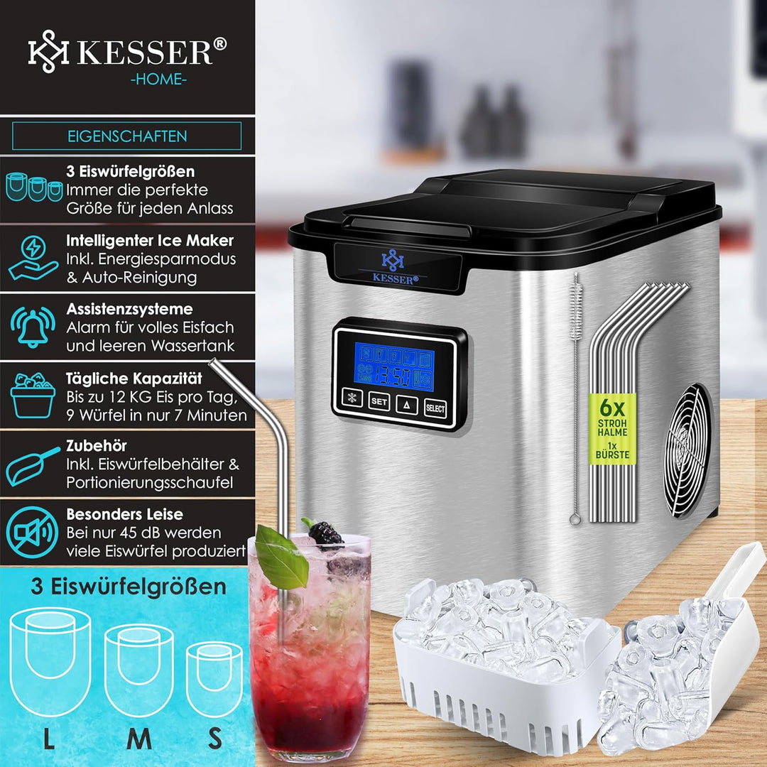 KESSER® Eiswürfelbereiter | Eiswürfelmaschine Edelstahl | 150W Ice Maker | 12 kg 24 h | 3 Würfelgrös