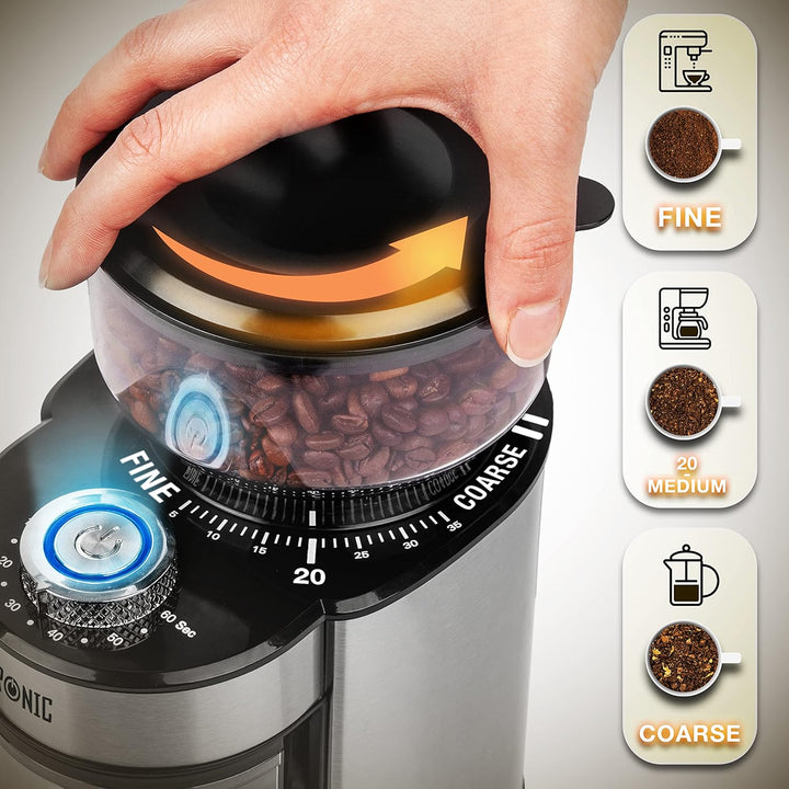 Duronic BG200 Elektrische Kegelmühle, 200 W Kaffeemühle mit Mahlwerk, 200 g Kaffeebohnen, Mahlgrad v