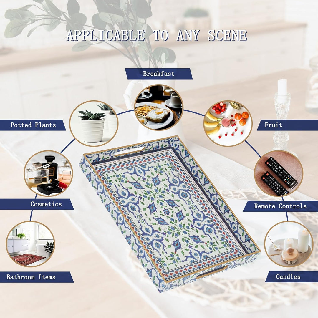 Serviertablett, Tablett mit Griff Boho Deko Rechteckig Kaffeetablett, Bruchsicher Gross Tablett für