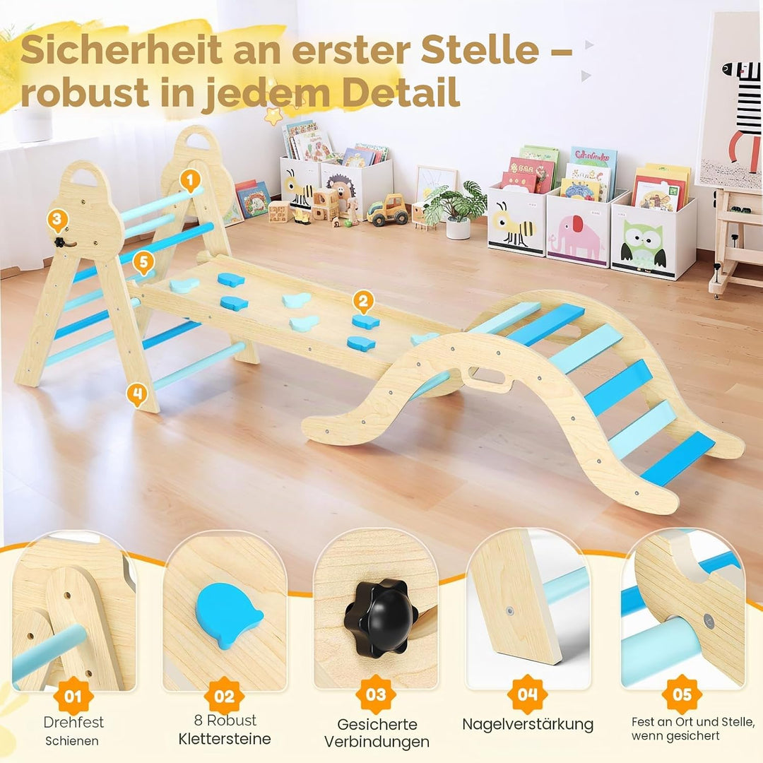 7-in-1 Montessori Klettergerüst Indoor, Kletterdreieck mit Rutsche &amp; Kletterbogen, stabiles Holzklet