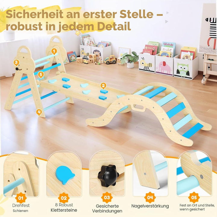7-in-1 Montessori Klettergerüst Indoor, Kletterdreieck mit Rutsche &amp; Kletterbogen, stabiles Holzklet