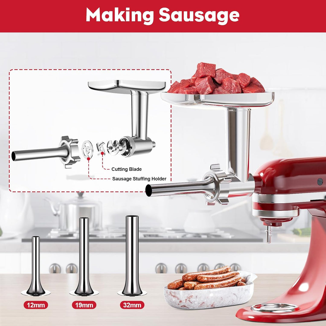 Fleischwolf Aufsatz für KitchenAid Küchenmaschine, mit 3 Wurstfüllhörner 2 Schleifklingen 4 Mahlsche