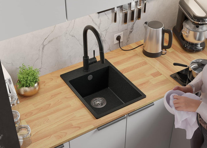 Spülbecken Graphit 38x50 cm, Granitspüle 1 Becken + Ablauf-Set, Küchenspüle ab 40er Unterschrank, Ei
