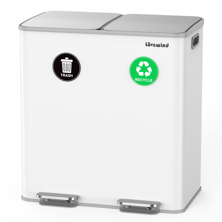 lovewind Mülleimer, 2 x 30L Mülleimer Küche, Doppeleimer für Recycling und Abfall, Weiss, Mülleimer