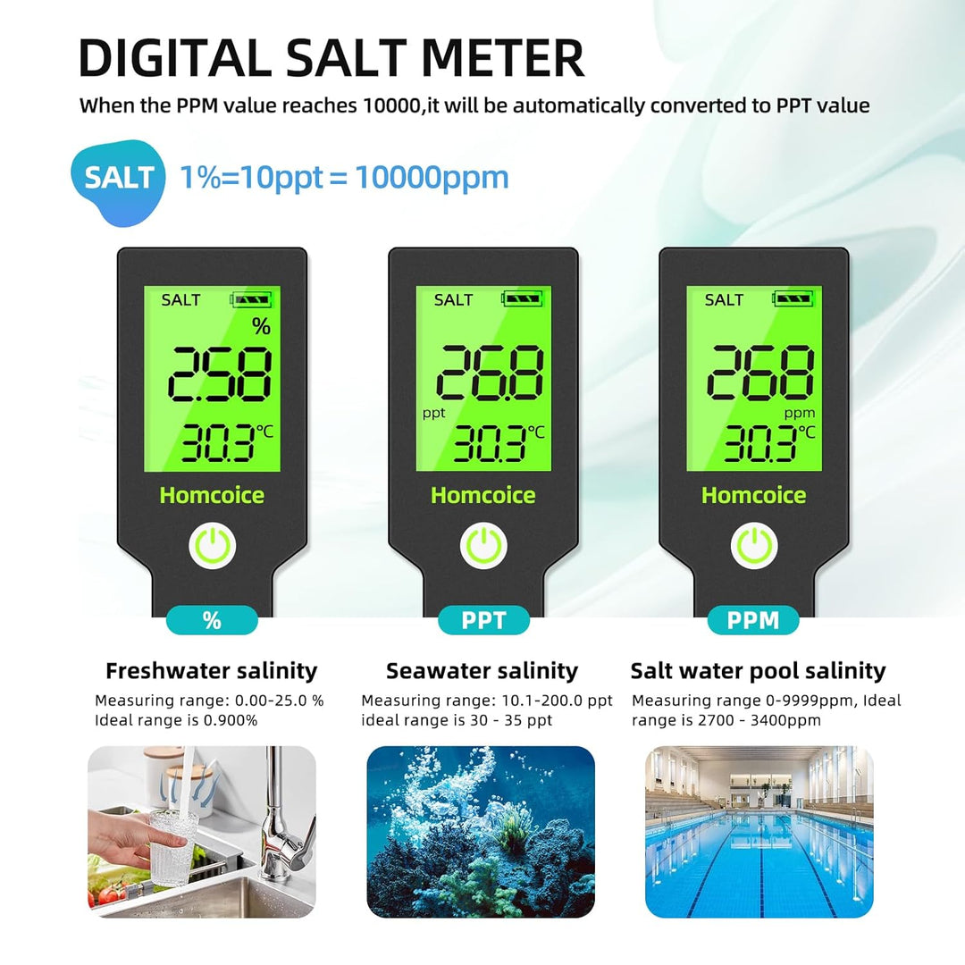 Homcoice PH Messgerät 5 in 1 Salzgehalt TDS EC Temperatur pH Tester Acqua IP67 Wasserdicht 0,01 hoch