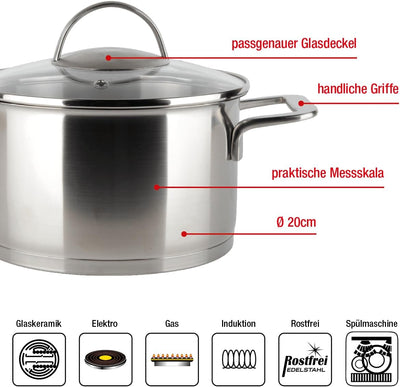 EUROHOME Fleischtopf 3L - Kasserolle mit handlichem Griff - Edelstahltopf induktionsgeeignet - Kocht