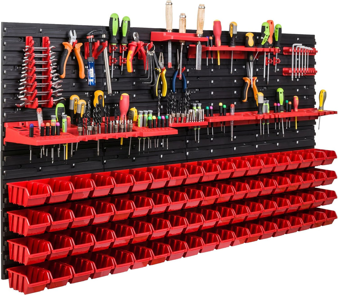 Lagersystem Werkstattregal | 156 x 78 cm | 76 stck. Box | Wandregal mit Werkzeughalterungen und Stap
