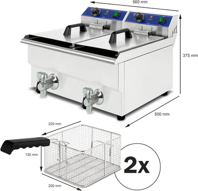 VERTES Friteuse aus Edelstahl 2x 13 Liter Fassungsvermögen, 50-200°C, 6000W, 230V, Kaltzonenprinzip,