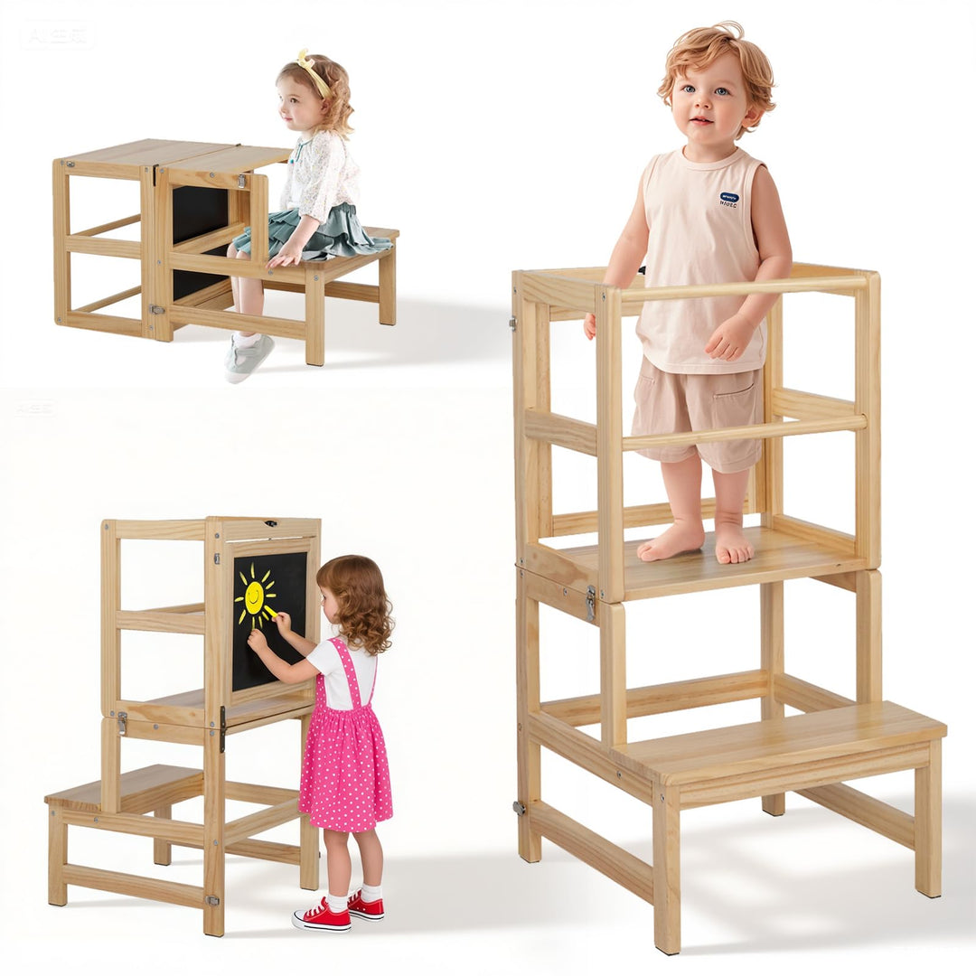 LEADZM Montessori Lernturm ab 18 Monaten - Lernstuhl für Kinder aus Massivholz, Klappbarer Lernturm,