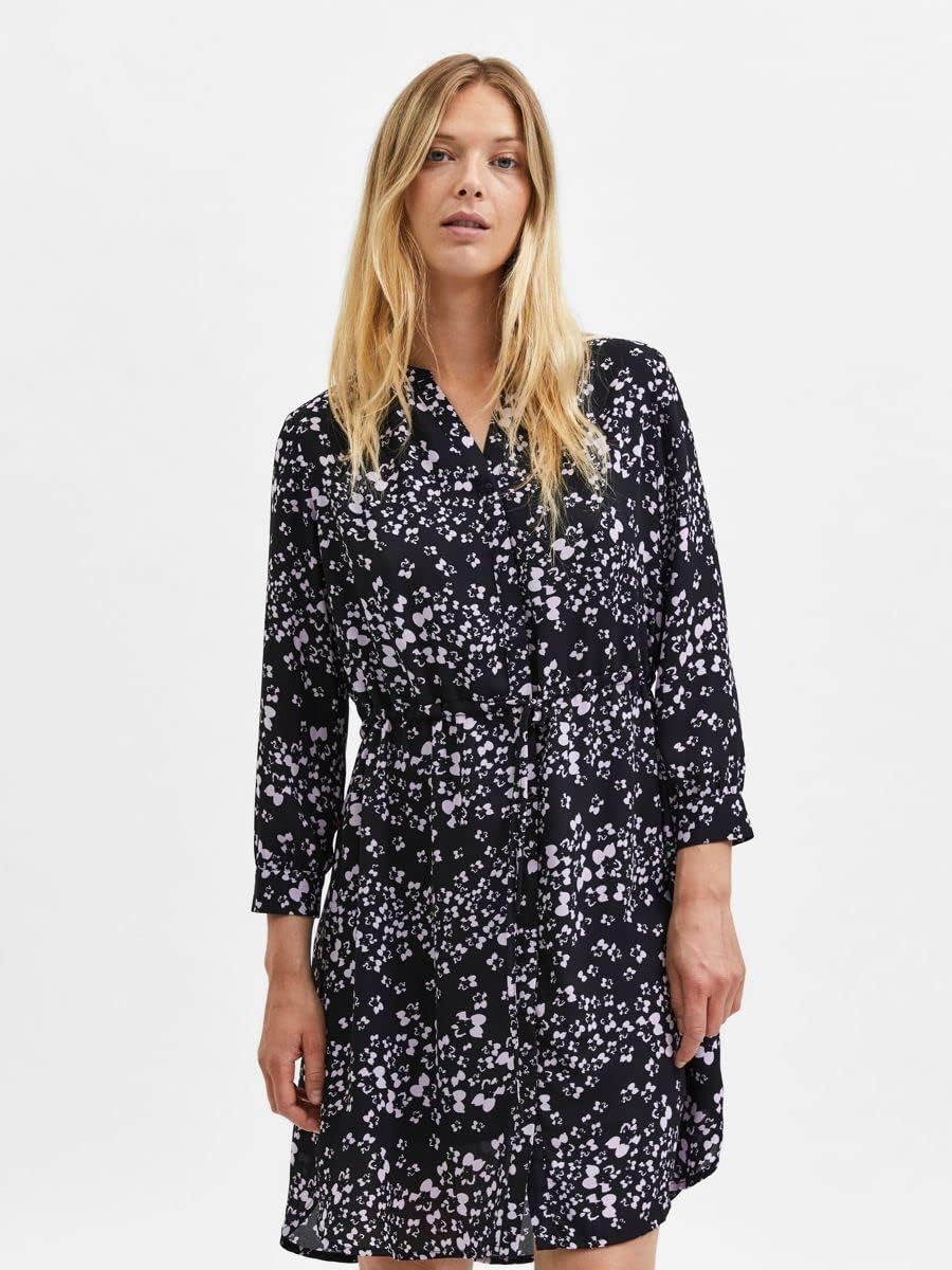 NAME IT Damen Slfdamina 7/8 Aop Dress B Noos, Schwarz