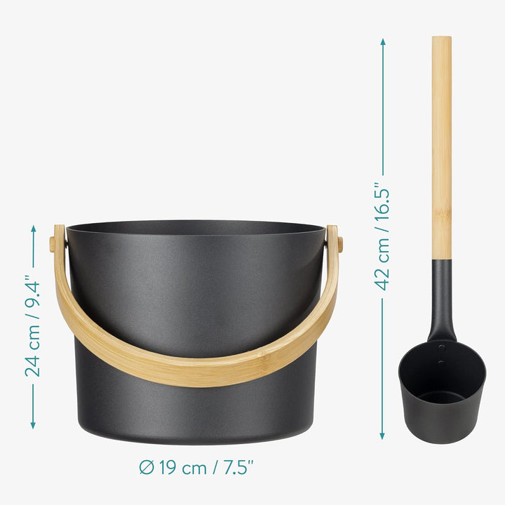 Navaris Aluminium Saunakübel mit Kelle und Sanduhr - Metall Sauna Kübel - Aufgusseimer Set 3tlg. Sau