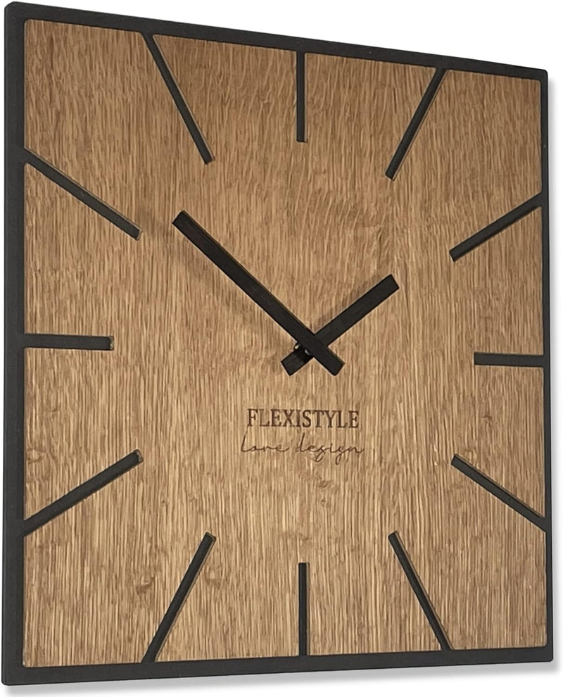 FLEXISTYLE Moderne quadratisch grosse WanduhrHolz ECO 40cm, Stille, Holzoptik, Eiche, Wohnzimmer, Sc