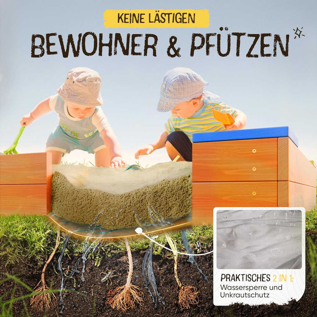 FRIEDO – Sandkasten mit Abdeckung 120x120 cm - Sandbox inkl. Bodenvlies zum Schutz vor Unkraut und U