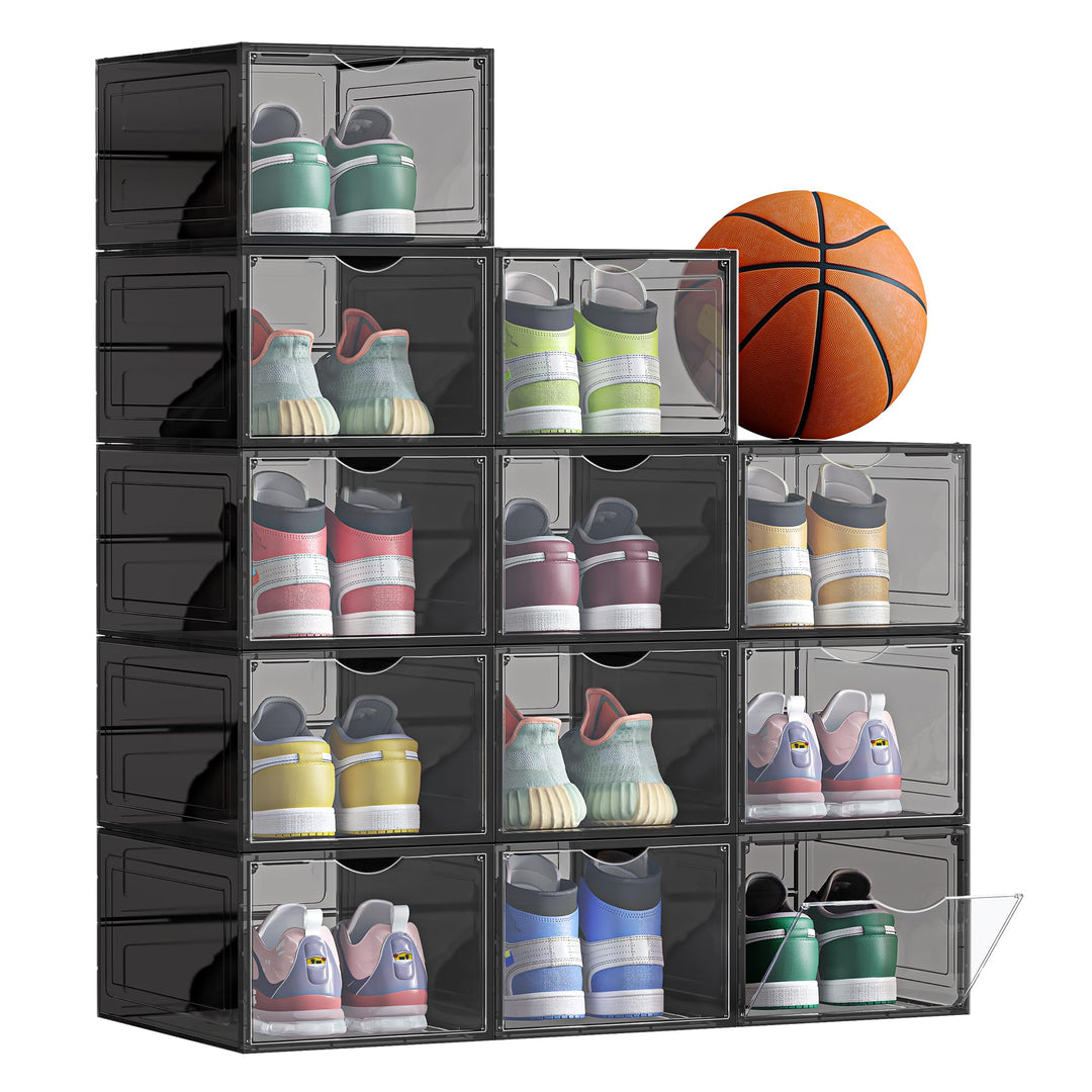 SONGMICS Schuhboxen, Schuh-Organizer aus Kunststoff, mit Tür, durchsichtig, Kunststoffboxen, 12er Se