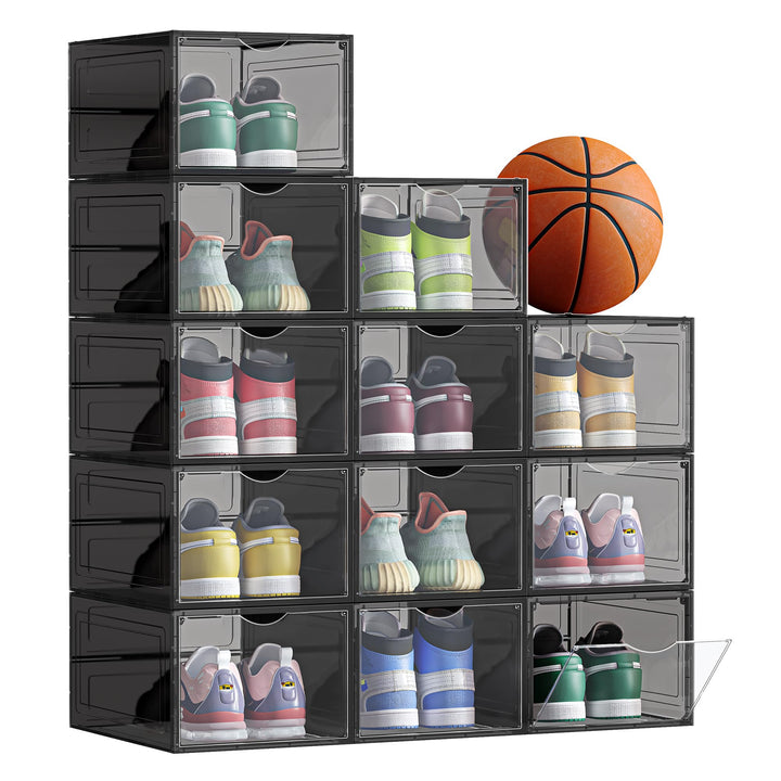 SONGMICS Schuhboxen, Schuh-Organizer aus Kunststoff, mit Tür, durchsichtig, Kunststoffboxen, 12er Se