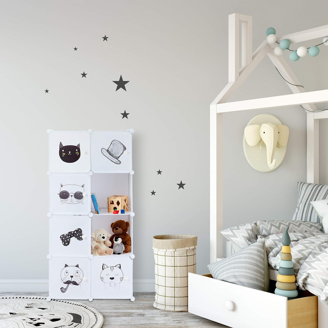 Relaxdays Steckregal Kinderzimmer, Katzen Motiv, 7 Fächer, Kleiderstange, Kleiderschrank HxBxT: 145