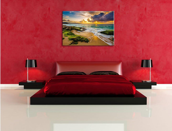 Sonnuntergang auf Hawaii, Format: 100x70 auf Leinwand, XXL riesige Bilder fertig gerahmt mit Keilrah