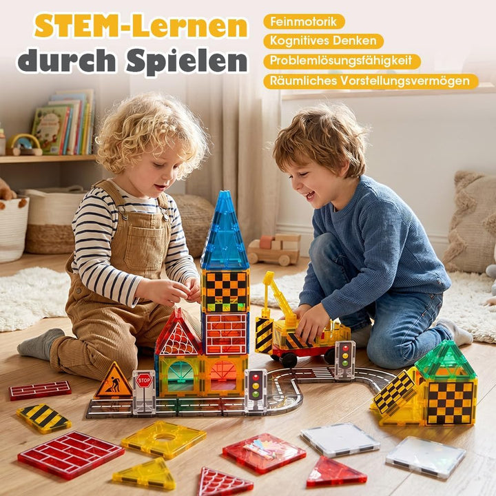Playpals Magnetische Bausteine Stadt-Strassenset, 60-teilig mit Kran | STEM-Lernen, Verkehrszeichen,