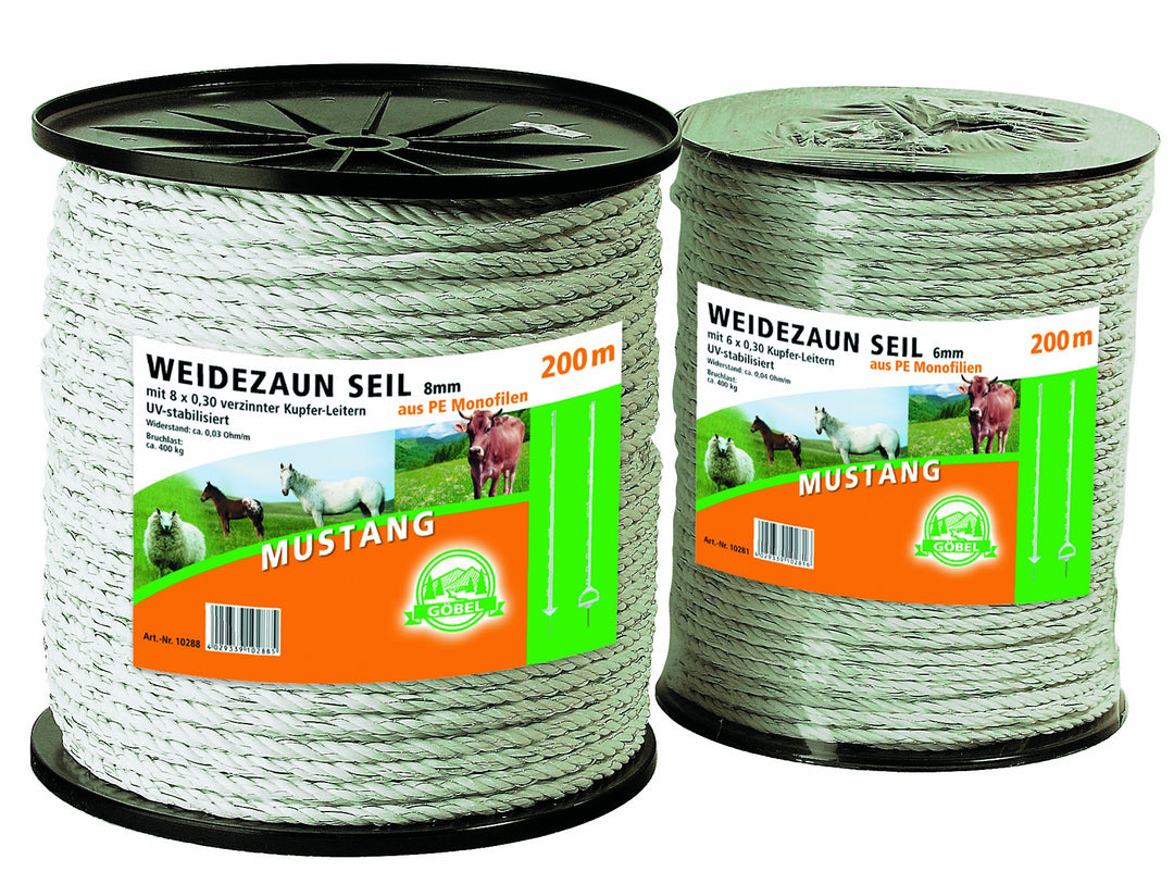 Göbel Weidezaun Elektroseil Mustang 200m 6mm 6 x 0,30 verzinkter Kupferleiter 0,04 Ohm/m
