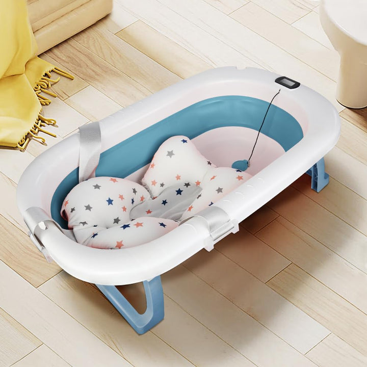 Flexible Babybadewanne mit Temperaturanzeige, Duschkissen, Duschstecker, rutschfeste Füsse, faltbare