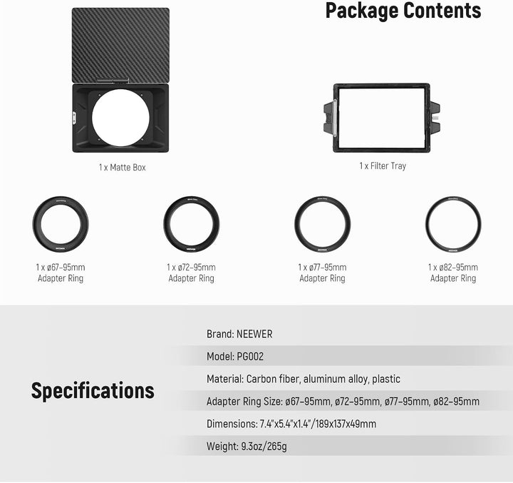 NEEWER Mini Matte Box mit einem 4" x5,65 Filterfach, Kohlefaser Flagge, 4 kreisförmigen Objektivring