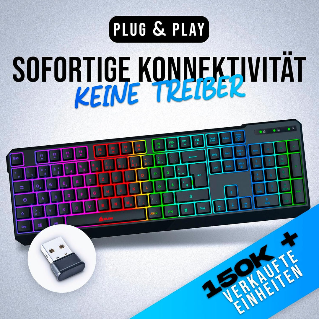 KLIM Chroma Wireless Gaming Tastatur Kabellos QWERTZ + Neue 2022 Version + Langlebig, Ergonomisch, W