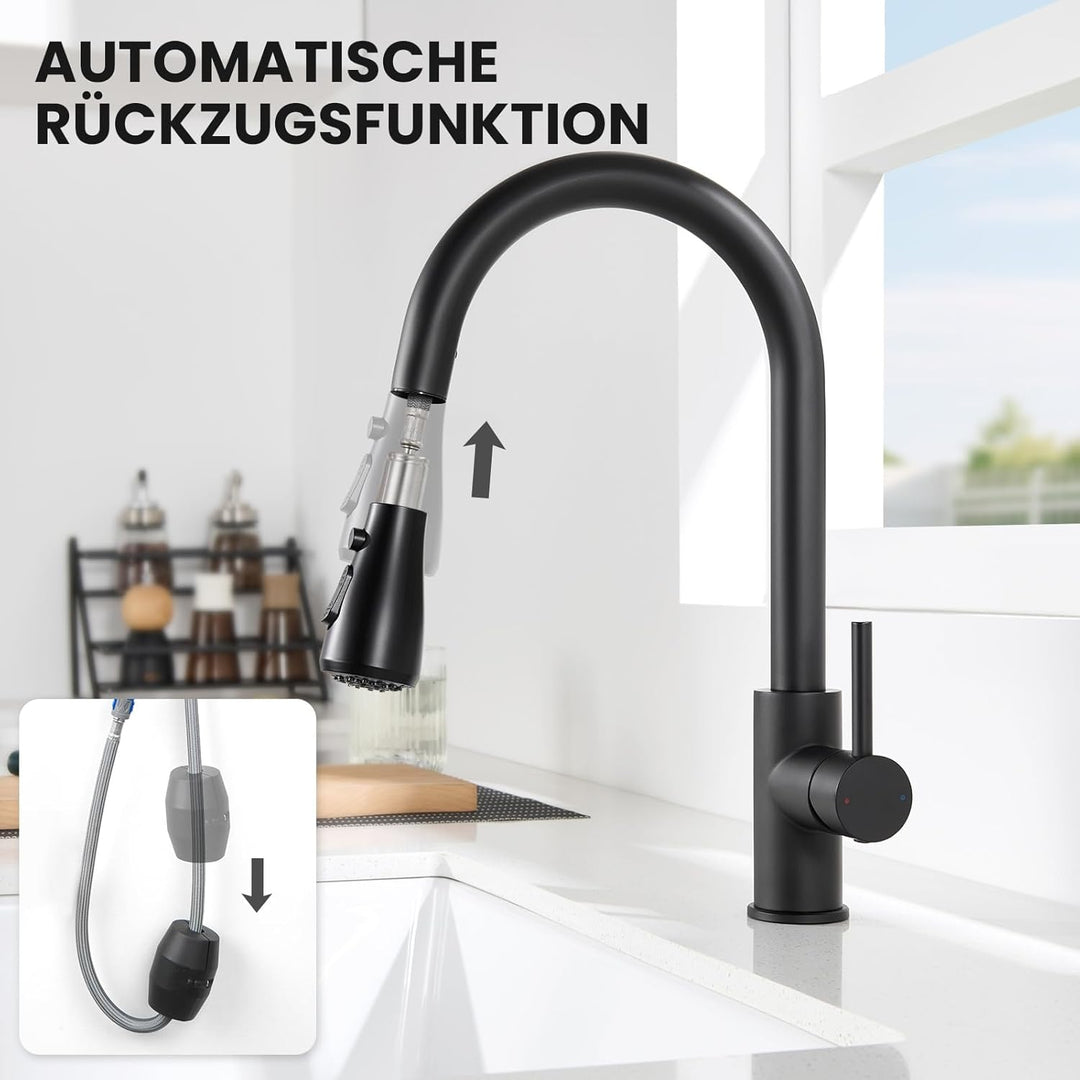 Wasserhahn küche mit Ausziehbar Hochdruck fur Spüle - Küchenarmatur Schwarz mit Brause - Edelstahl A