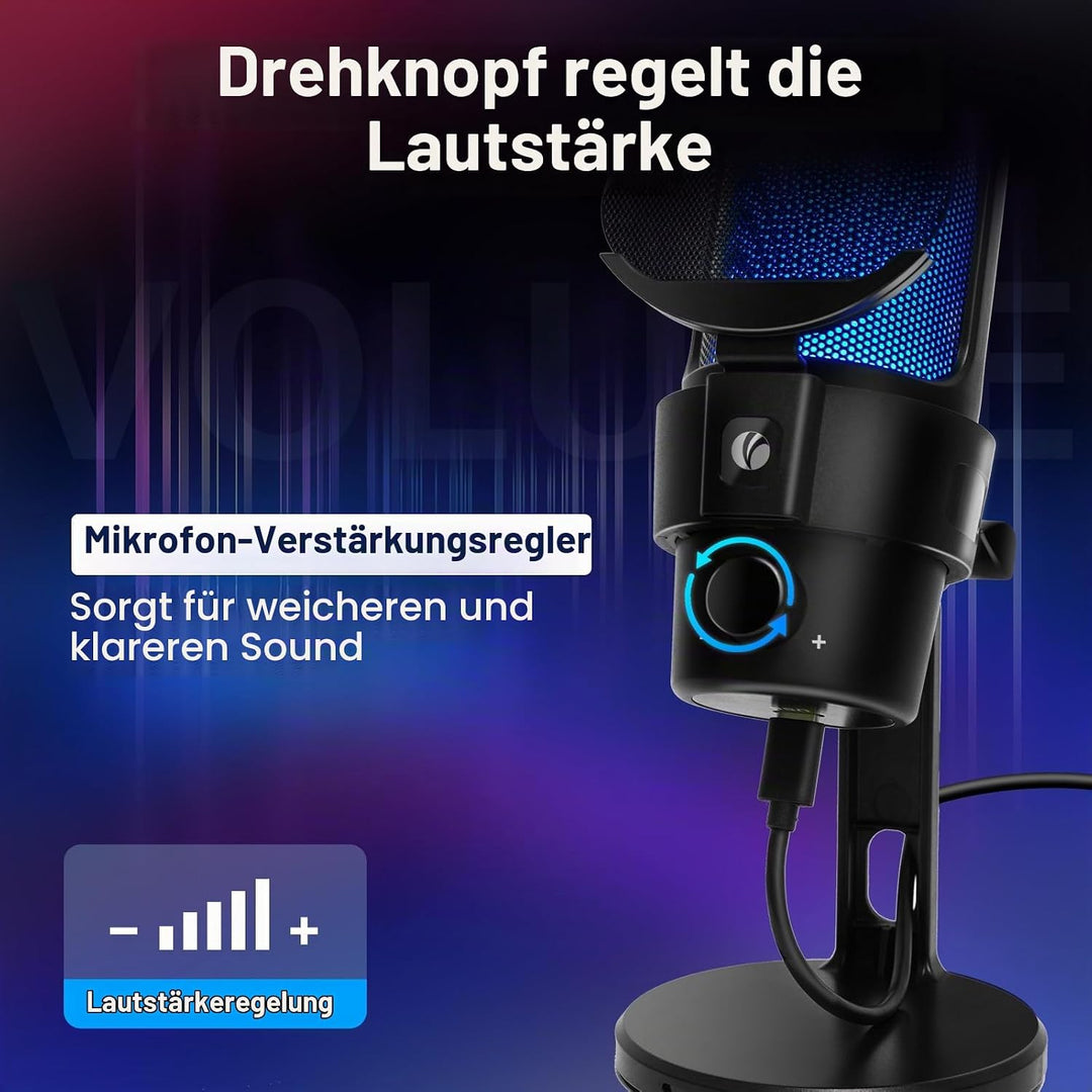 VCOM Gaming Mikrofon PC, RGB USB Mikrofon mit Mute, Pop-Filter, Gain, Gaming Zubehör Microphone für