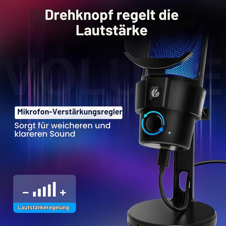 VCOM Gaming Mikrofon PC, RGB USB Mikrofon mit Mute, Pop-Filter, Gain, Gaming Zubehör Microphone für
