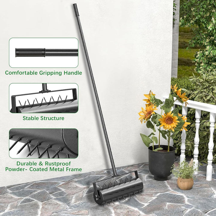 Aerifizierer für Rasen, Walzentyp Rasenbelüfter, Hand Rasenlüfter mit Stiel & 5cm Nägeln & Spritzsch