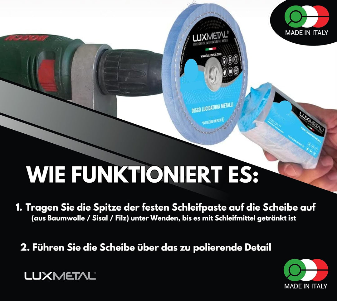 Lux Metal 3 polierpaste 250 g - 3 Polierscheibe 100 mm, Polierset set DIY kit Schleifpaste Metall, A