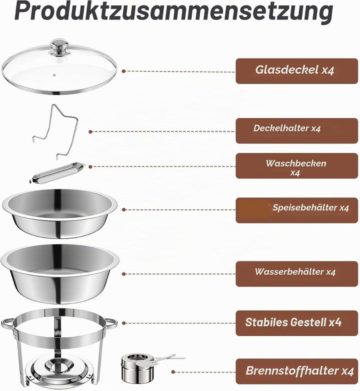 NArra 2er-Pack rundes 6L-Chafing-Dish-Buffet-Set, Speisenwärmer mit Glasabdeckung, Buffetwärmer, Buf