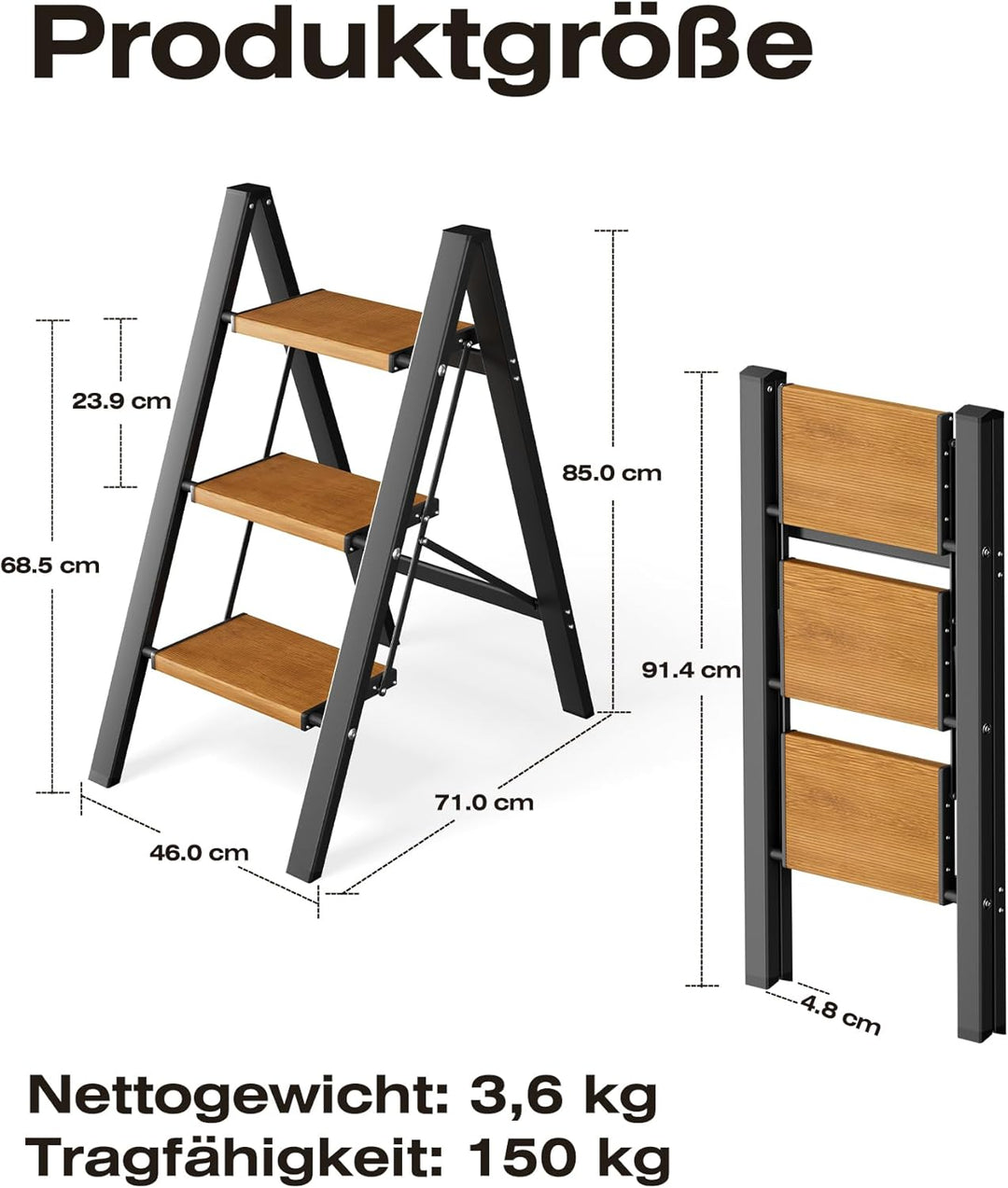 Trittleiter 3 Stufen klappbar,Tritthocker aus Aluminium | 150 kg Tragfähigkeit,Leiter mit rutschfest