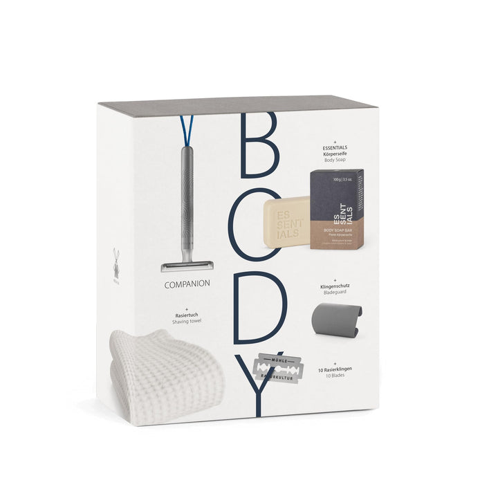 MÜHLE Body Geschenkset 14 tlg. - unisex Sicherheitsrasierer mit blauer Kordel, 10 Klingen, Körpersei