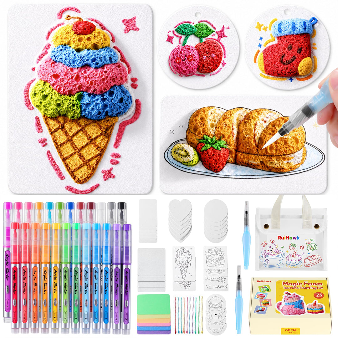 RuiHawk 75 Magic Puffy Paint Set, 3D Schaumtextur-Malset für Kinder mit 38 Blättern & 24 Acryl-Marke