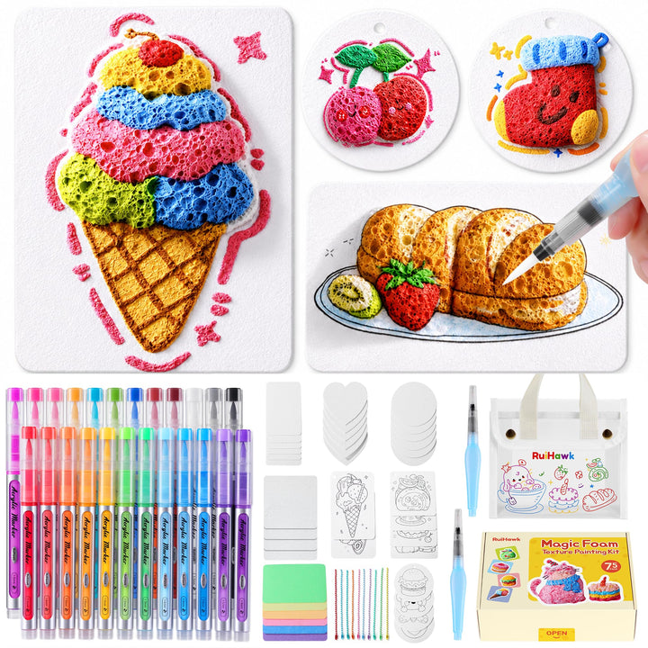 RuiHawk 75 Magic Puffy Paint Set, 3D Schaumtextur-Malset für Kinder mit 38 Blättern & 24 Acryl-Marke