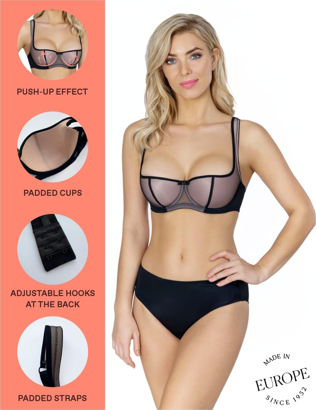 Rosme Lingerie Balconette-BH für Damen, Kollektion Grand 95C Schwarz/Beige 2, 95C Schwarz/Beige 2