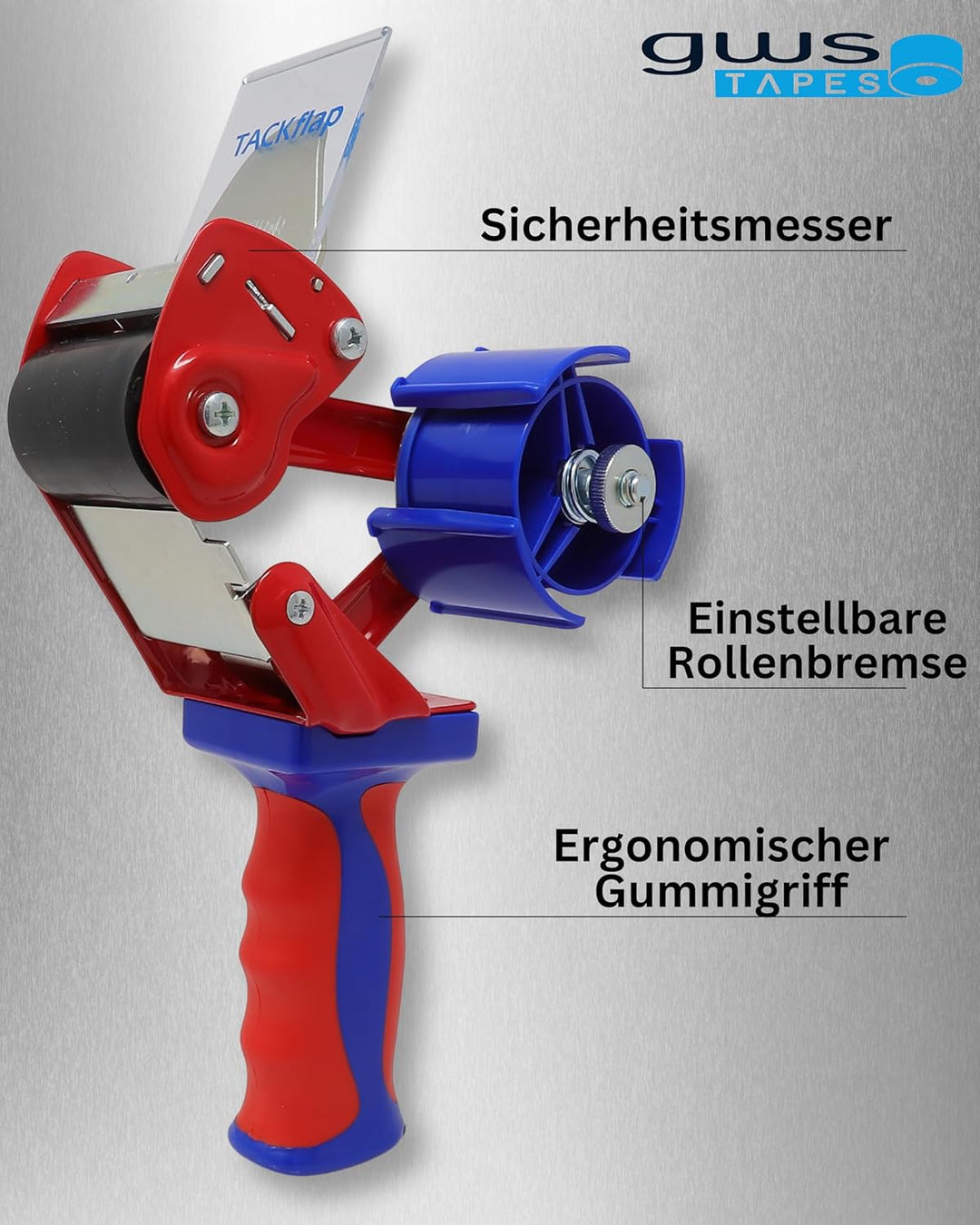 gws Packband Industrie Abroller in Rot-Blau, qualitativer Paketbandroller, für Rollen bis 66 m x 50
