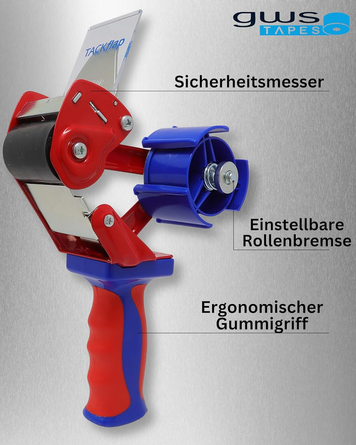 gws Packband Industrie Abroller in Rot-Blau, qualitativer Paketbandroller, für Rollen bis 66 m x 50